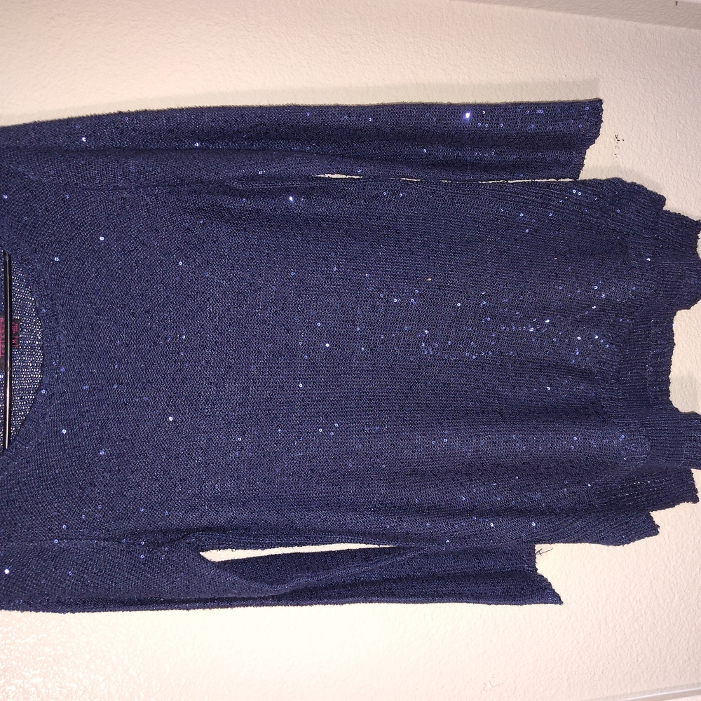 Fontana Sweater Women's M Navy Sequin Knit Long Sleeve Boat Neck High Low Slit